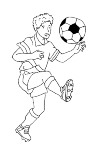 A football player who is high for the ball and with the right leg towards the ball goes. His left leg is slightly bent on the ground. The studs in the shoes are now clearly visible.